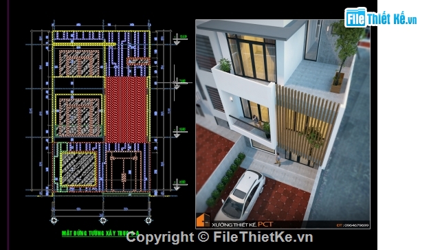 kiến trúc nhà 3 tầng,Nhà 3 tầng 7.25x12.3m,Bản vẽ kiến trúc nhà 3 tầng,bản vẽ nhà 3 tầng