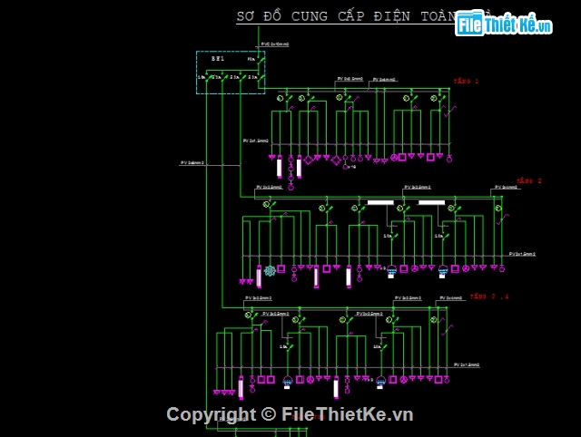 sơ đồ hệ thống điện,điện nhà 4 tầng,bản vẽ điện nhà phố