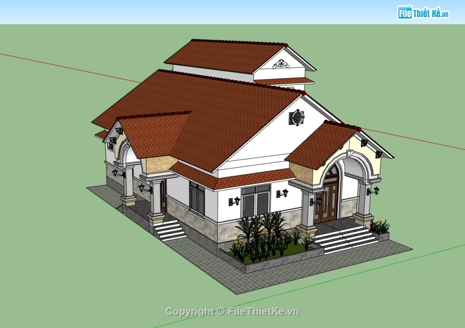 su biệt thự,biệt thự 1 tầng,sketchup biệt thự