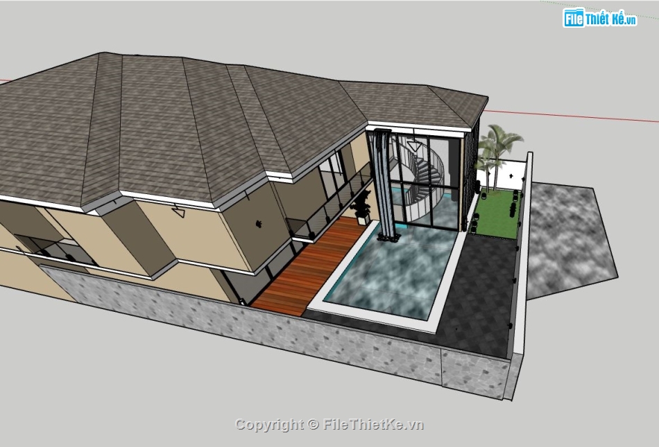 biệt thự sketchup,su biệt thự 1 tầng,model su biệt thự 1 tầng,mẫu biệt thự 1 tầng hiện đai,phối cảnh biệt thự 1 tầng