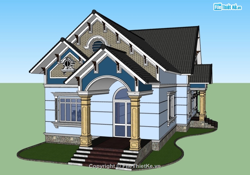 sketchup biệt thự 1 tầng,model sketchup biệt thự 1 tầng,biệt thự 1 tầng file 3dsu,mẫu biệt thự 3 tầng đẹp