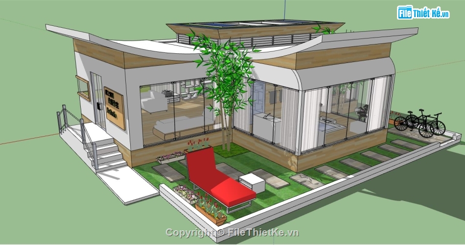 biệt thự hiện đại 1 tầng,biệt thự sketchup,sketchup biệt thự