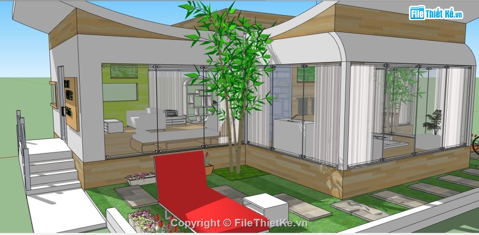 biệt thự hiện đại 1 tầng,biệt thự sketchup,sketchup biệt thự