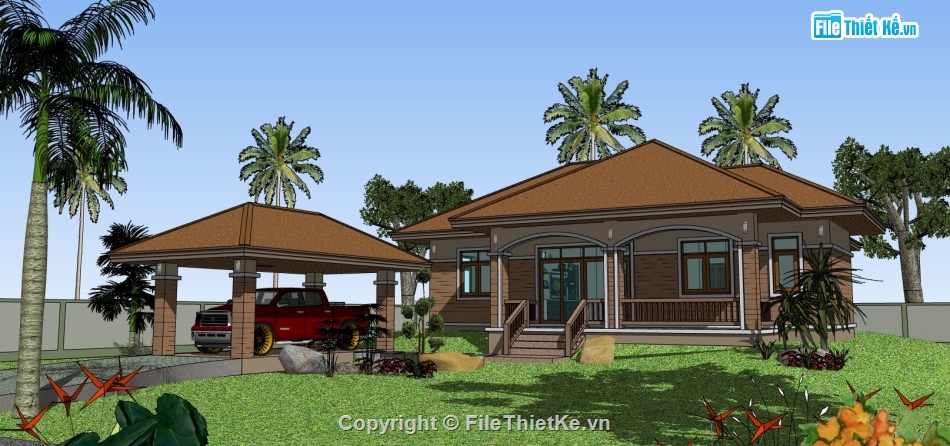 file su biệt thự,mẫu biệt thự 1 tầng,sketchup biệt thự 1 tầng