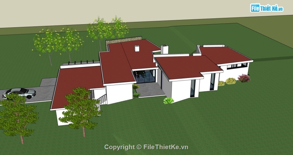 biệt thự 1 tầng,biệt thự 1 tầng nông thôn,sketchup biệt thự 1 tầng,phối cảnh biệt thự,dựng 3dsu biệt thự 1 tầng