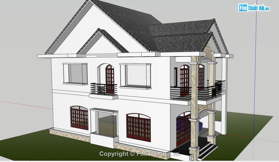 biệt thự 2 tầng mái thái,biệt thự mái thái,mái thái 1 tầng,file sketchup biệt thự