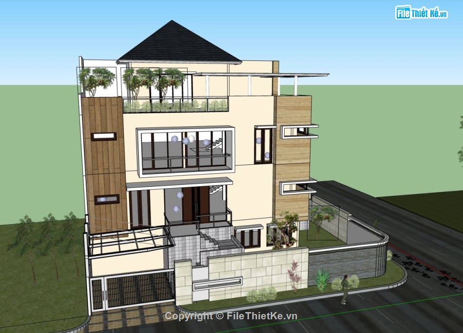 biệt thự hiện đại,biệt thự 4 tầng,sketchup biệt thự 4 tầng,mẫu biệt thự 4 tầng đẹp