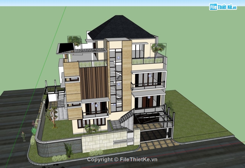 biệt thự hiện đại,biệt thự 4 tầng,sketchup biệt thự 4 tầng,mẫu biệt thự 4 tầng đẹp