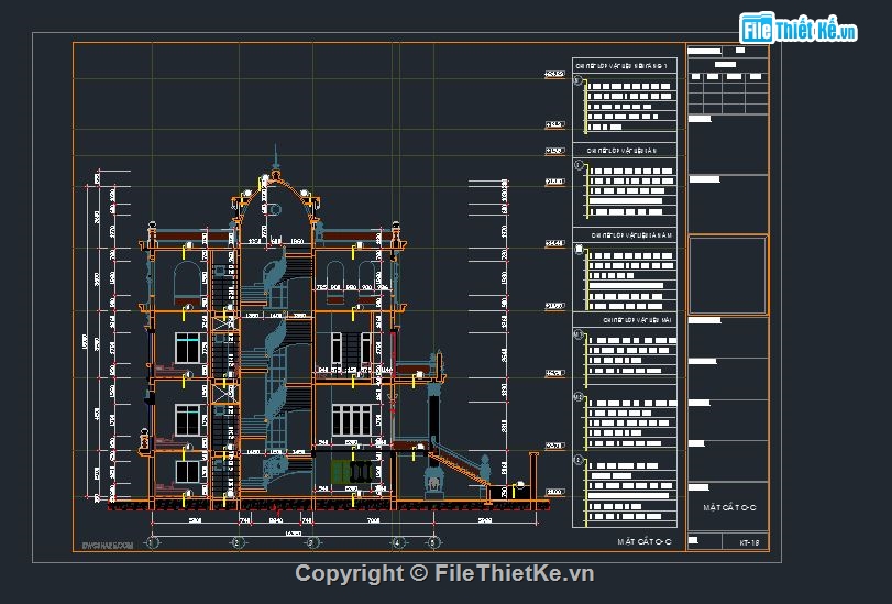 file cad biệt thự,biệt thự 5 tầng,mặt cắt biệt thự lâu đài