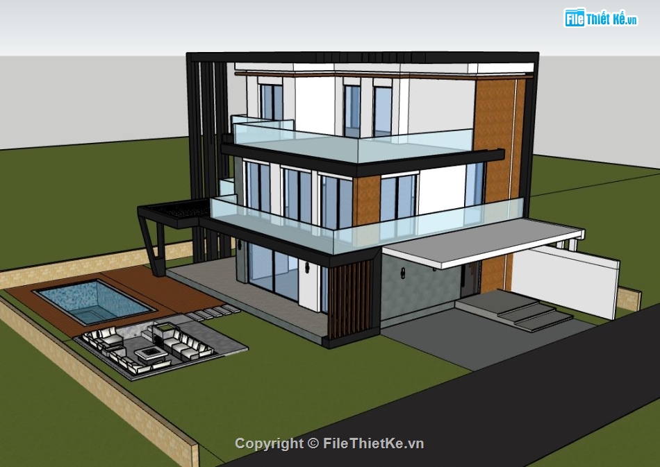 biệt thự 3 tầng,file su biệt thự,sketchup biệt thự