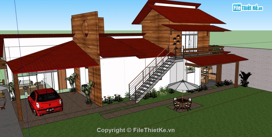 sketchup biệt thự 1 tầng,sketchup biệt thự,file sketchup
