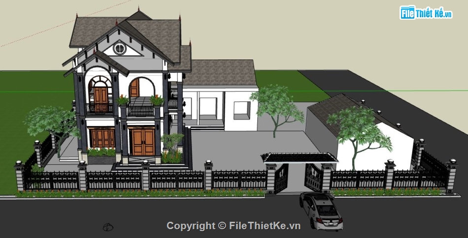 biệt thự vườn file sketchup,file su biệt thự vườn 2 tầng,model su biệt thự vườn,mẫu biệt thự 3 tầng đẹp