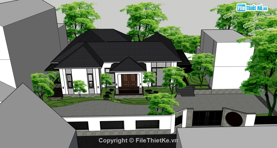 biệt thự 1 tầng,ngoại thất biệt thự su 1 tầng,file sketchup bao cảnh biệt thự,mẫu dựng biệt thự 1 tầng su