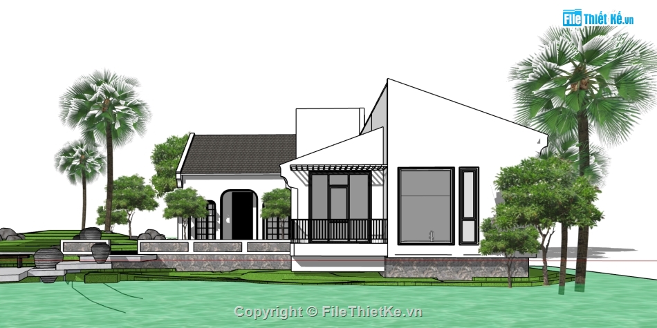 biệt thự nhà vườn file su,mẫu sketchup biệt thự 1 tầng,dựng 3dsu biệt thự 1 tầng