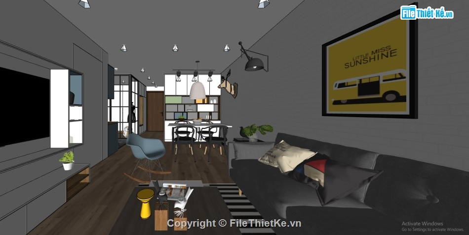 sketchup nội thất chung cư,phòng khách chung cư su,file su phòng ngủ chung cư