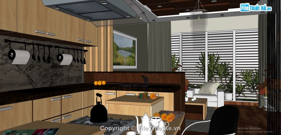 nội thất nhà phố su,sketchup nội thất khách bếp,thiết kế nội thất nhà bếp,phòng khách model sketchup