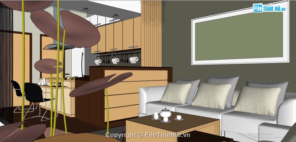 nội thất nhà phố su,sketchup nội thất khách bếp,thiết kế nội thất nhà bếp,phòng khách model sketchup