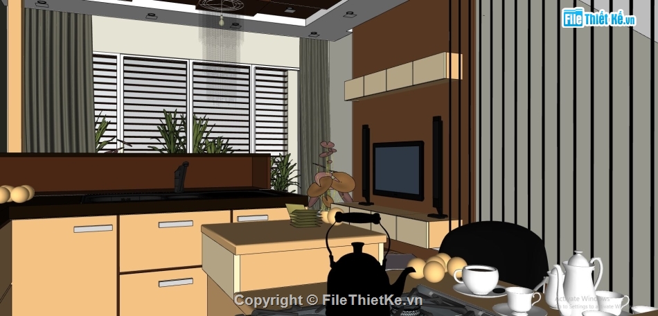 nội thất nhà phố su,sketchup nội thất khách bếp,thiết kế nội thất nhà bếp,phòng khách model sketchup