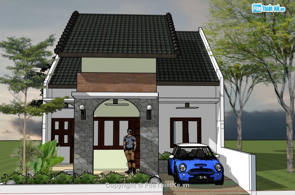 sketchup nhà 1 tầng,nhà 1 tầng,nhà hiện đại