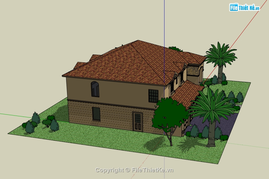 biệt thự châu âu sketchup,biệt thự phong cách châu âu,file sketchup mẫu biệt thự 2 tầng