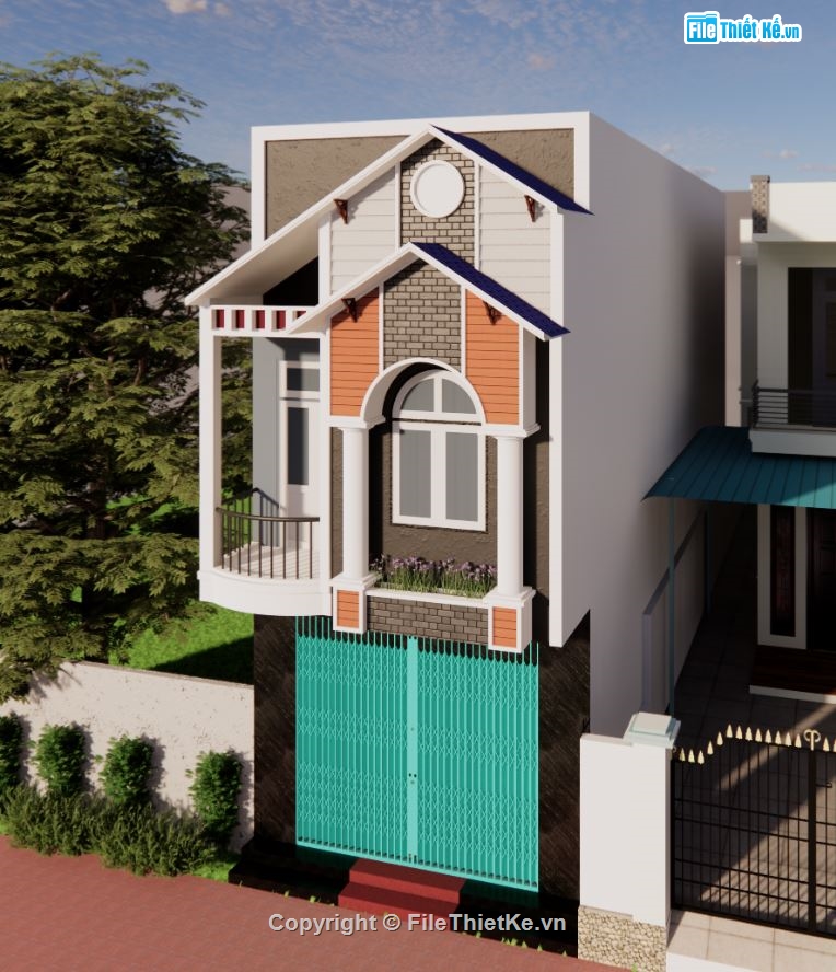 Nhà phố 2 tầng mái thái,Nhà 2 tầng 5x15.5,Nhà phố 2 tầng,Full hồ sơ thiết kế nhà phố