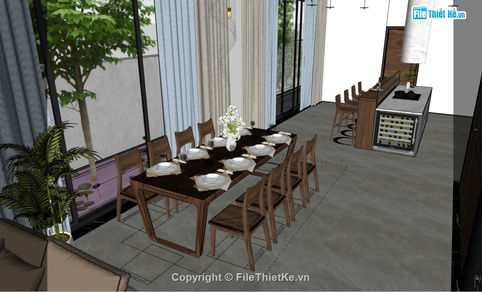 thiết kế phòng khách bếp file sketchup,sketchup phòng khách bếp,nội thất khách bếp dựng model su