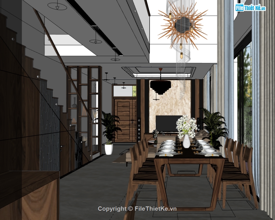 thiết kế phòng khách bếp file sketchup,sketchup phòng khách bếp,nội thất khách bếp dựng model su