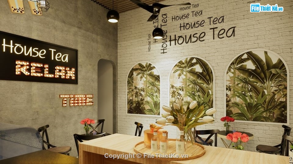 quá trà sữa 3d sketchup,quán trà chanh 3d sketchup,sketchup thiết kế quán cafe,quá trà sữa 3d