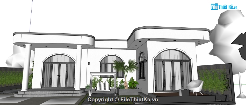 biệt thự 1 tầng sketchup,file 3dsu biệt thự 1 tầng,bao cảnh biệt thự 1 tầng