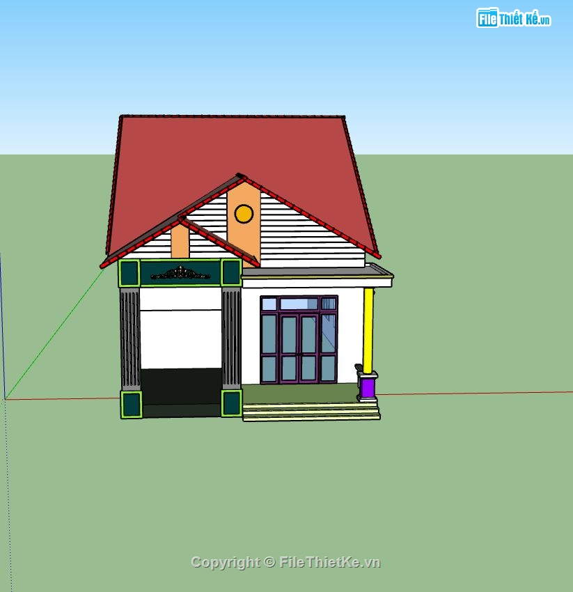biệt thự sketchup,file su biệt thự 1 tầng,mẫu sketchup biệt thự 1 tầng,phối cảnh biệt thự 1 tầng,mẫu biệt thự mái thái