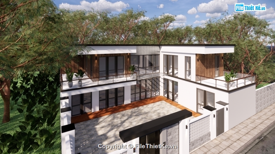 mẫu sketchup biệt thự 2 tầng,file sketchup,file sketchup nhà phố 2 tầng hiện đại,sketchup biệt thự,mẫu biệt thự mái bằng