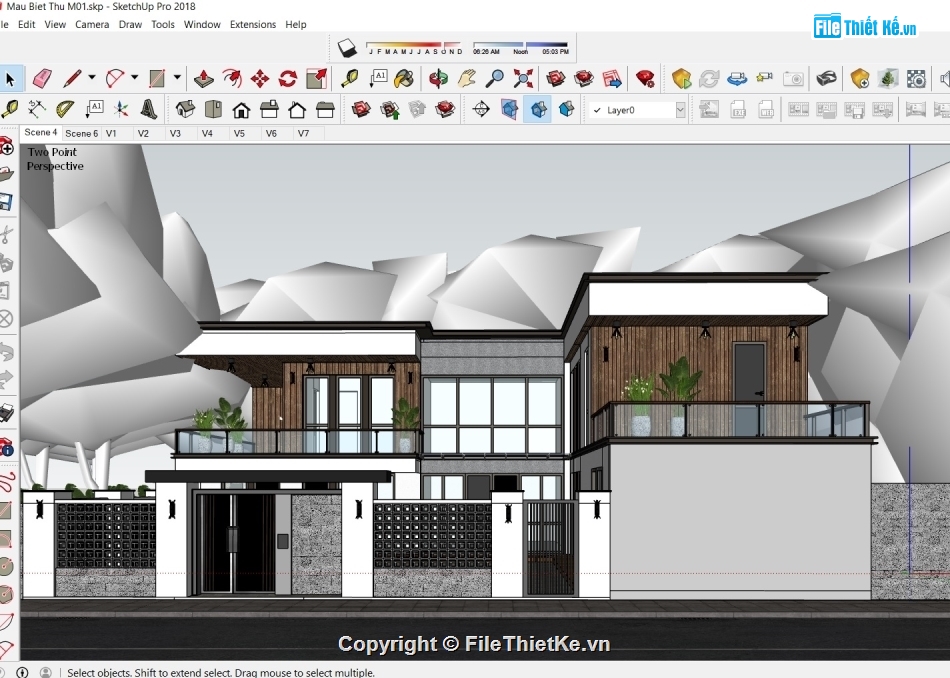 mẫu sketchup biệt thự 2 tầng,file sketchup,file sketchup nhà phố 2 tầng hiện đại,sketchup biệt thự,mẫu biệt thự mái bằng