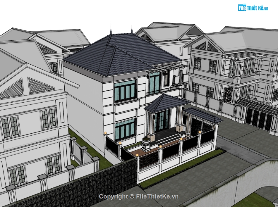 biệt thự 2 tầng,biệt thự sketchup,sketchup biệt thự,biệt thự mái nhật