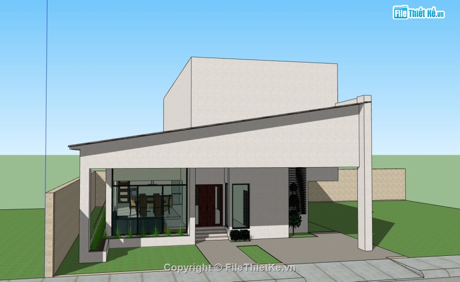 nhà 1 tầng,sketchup phối cảnh nhà 1 tầng,mẫu nhà 1 tầng file sketchup