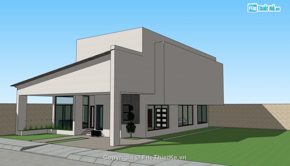 nhà 1 tầng,sketchup phối cảnh nhà 1 tầng,mẫu nhà 1 tầng file sketchup