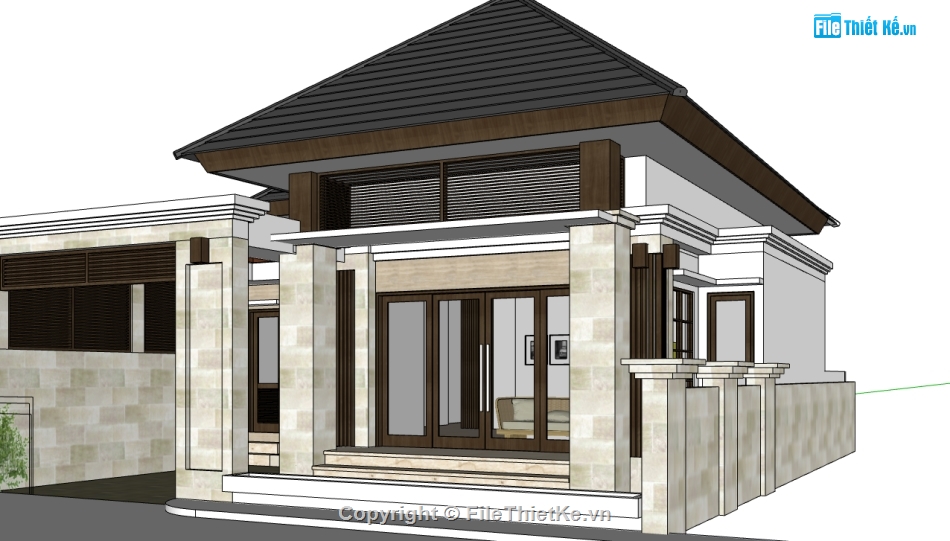 nhà mái thái 1 tầng sketchup,sketchup 1 tầng,sketchup nhà 1 tầng,bản vẽ su nhà 1 tầng,model su nhà 1 tầng,file sketchup nhà 1 tầng