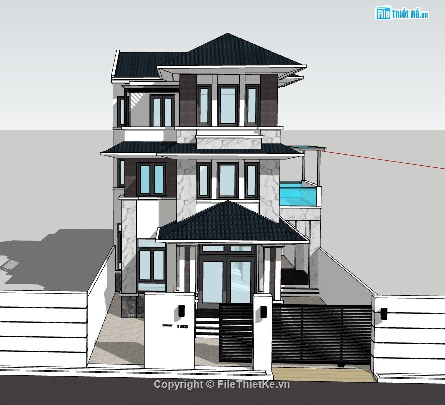 nhà phố 3 tầng,su nhà phố,sketchup nhà phố 3 tầng,nhà mái nhật,nhà phố mái nhật