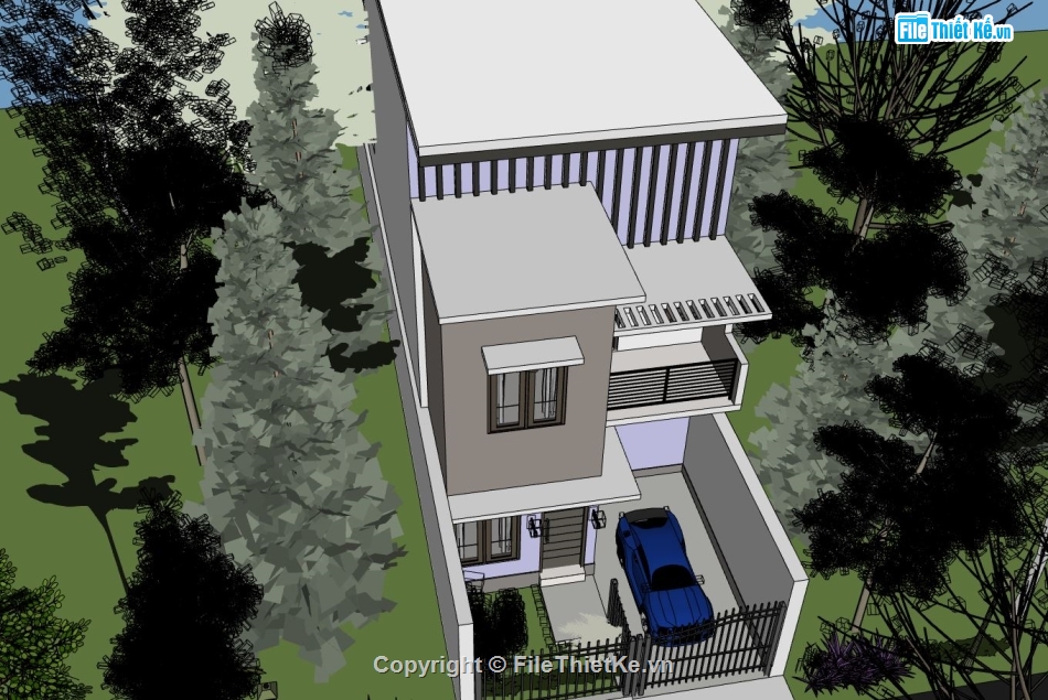 nhà phố 3 tầng,nhà phố 3 tầng sketchup,nhà phố sketchup hiện đại