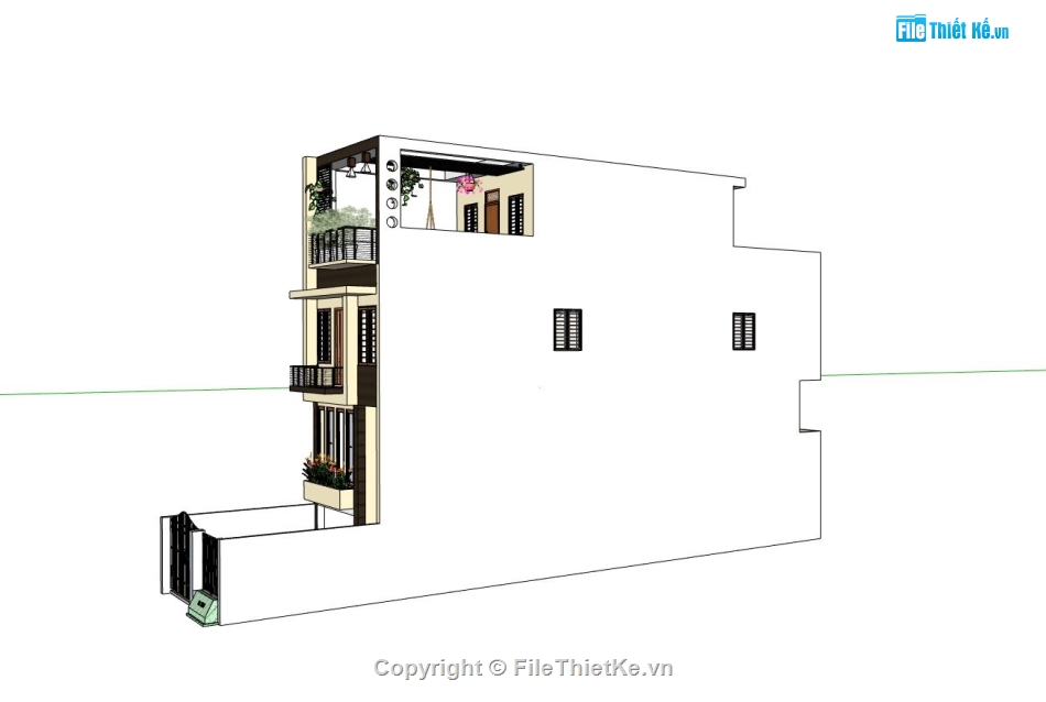 nhà 4 tầng,file sketchup nhà phố 4 tầng,phối cảnh nhà phố 4 tầng,mẫu nhà phố 4 tầng đẹp