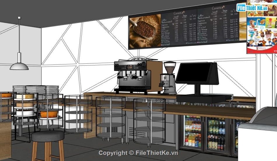 nội thất quán cafe,sketchup quán cafe,3D quán cafe sketchup