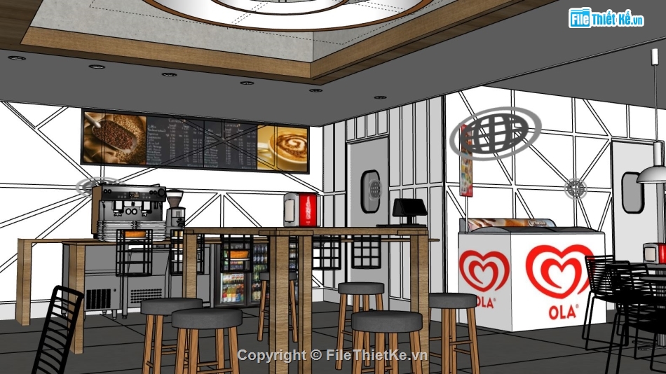 nội thất quán cafe,sketchup quán cafe,3D quán cafe sketchup