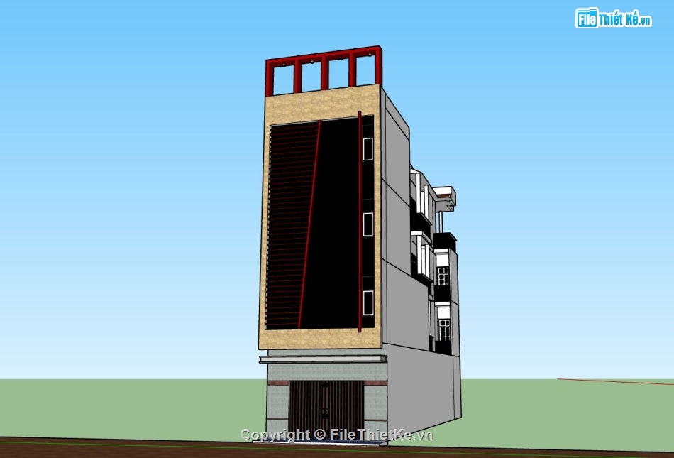 nhà 4 tầng,phối cảnh nhà phố,mẫu sketchup nhà phố 4 tầng,thiết kế nhà phố đẹp,bản vẽ nhà phố