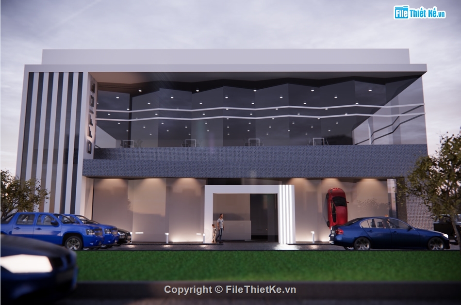 phối cảnh showroom ô tô,su showroom ô tô kích thước 20x25m,3dsu phối cảnh showroon ô tô,mẫu sketchup showroom ô tô
