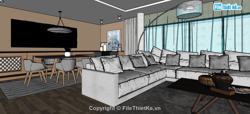 sketchup phòng khách,file sketchup phòng khách,Model sketchup phòng khách,nội thất phòng khách và ăn