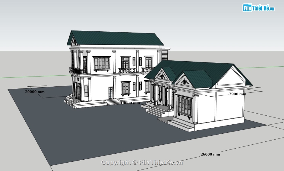 biệt thự 2 tầng,model su biệt thự 2 tầng,mẫu nhà 1 tầng sketchup,phối cảnh biệt thự 2 tầng