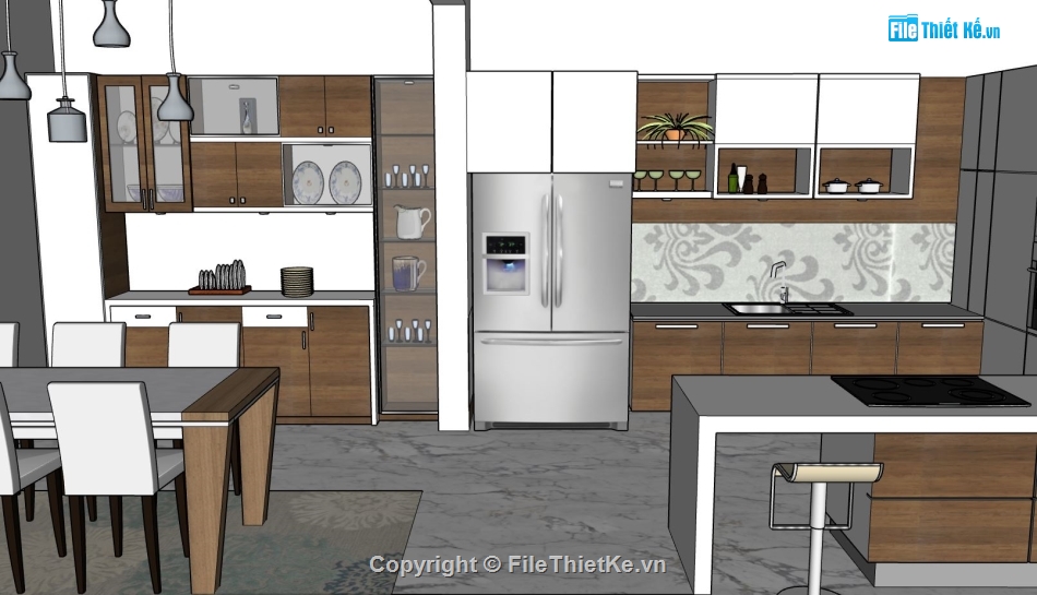 phòng bếp sketchup,thiết kế phòng bếp,file sketchup phòng ăn,phòng bếp hiện đại