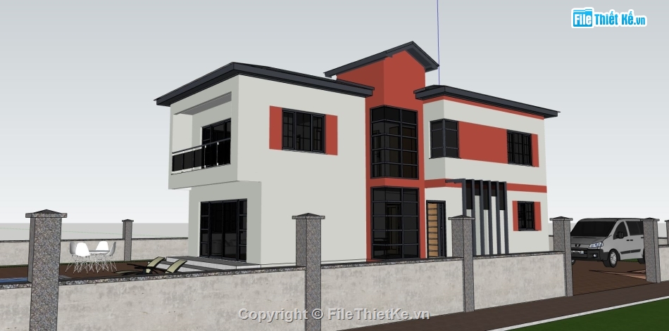 biệt thự 2 tầng,model su biệt thự 2 tầng,file sketchup biệt thự 2 tầng,phối cảnh biệt thự 2 tầng