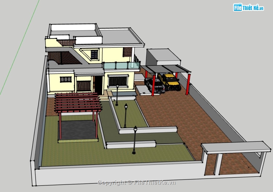 biệt thự 2 tầng,biệt thự mái bằng,biệt thự 10x12m,model sketchup biệt thự 2 tầng,phối cảnh biệt thự 2 tầng