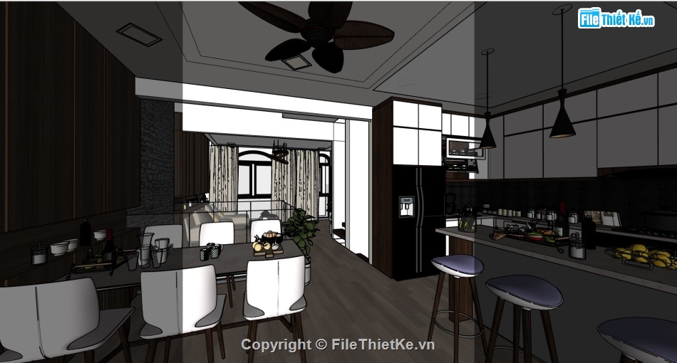 sketchup nội thất chung cư,sketchup phòng khách bếp chung cư,model su nội thất phòng bếp