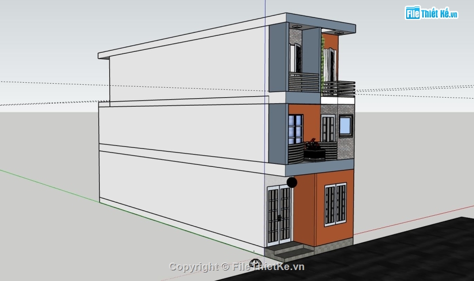 nhà phố 3 tầng,file sketchup nhà phố 3 tầng,mẫu nhà phố 3 tầng,phối cảnh nhà phố 3 tầng